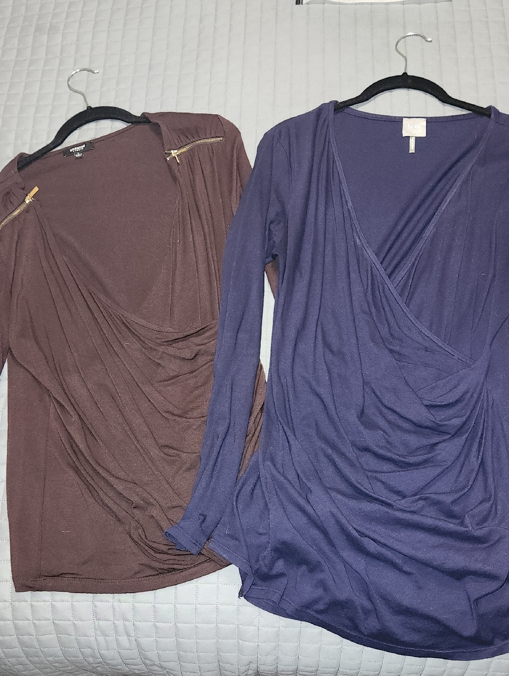 Premise Faux-Wrap Long Sleeve Tops in Navy and Chocolate